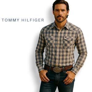 Western Pearl Snap Tommy Hilfiger Shirt in Blue Plaid